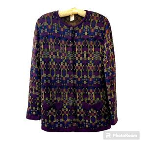 Vintage Rodier France Womens XL Purple Tapestry Wool Blend Cardigan Jacket